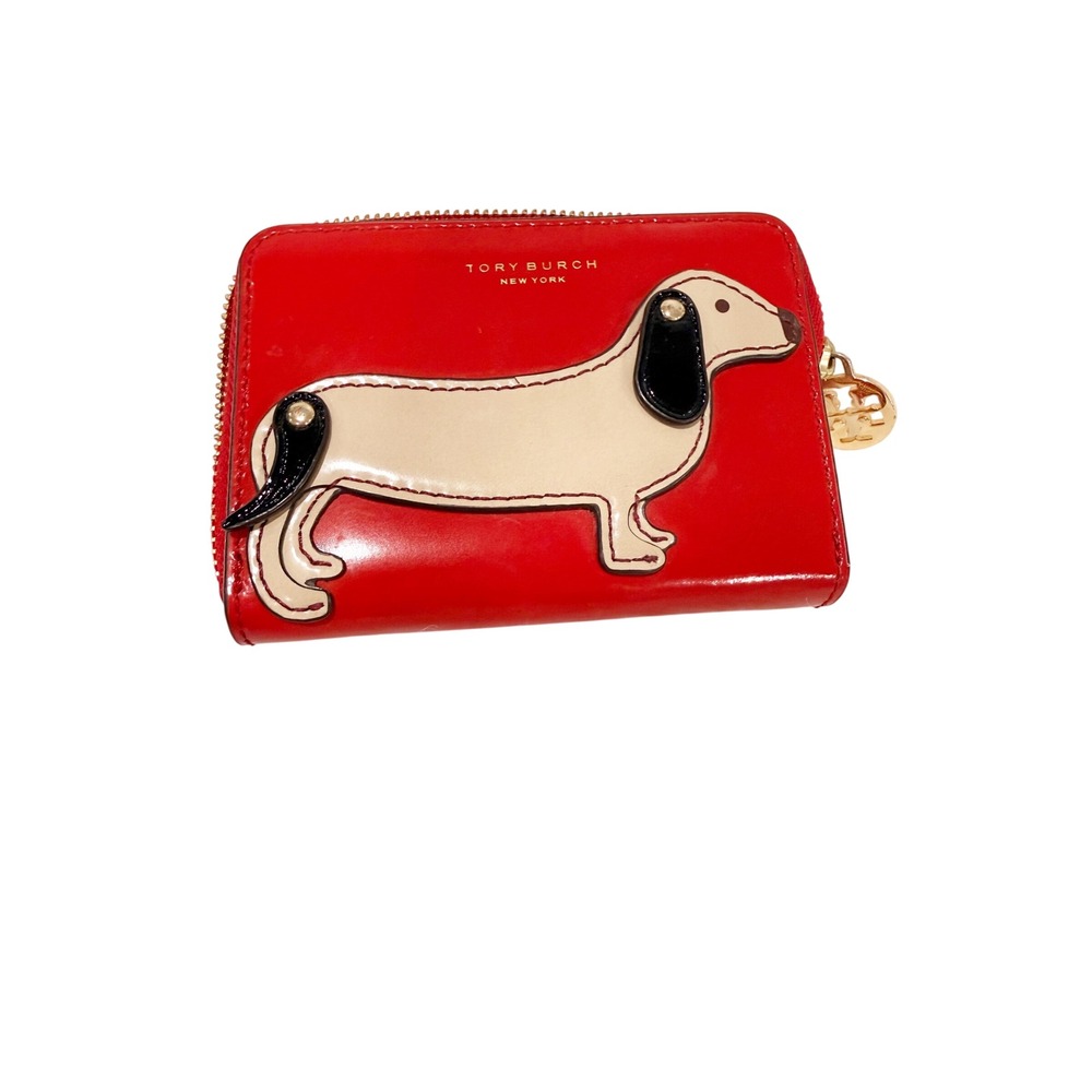 Tory Burch Red Patent Leather Dachshund Dog Zip Around Coin Case Wallet
